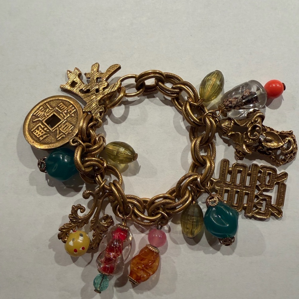 Vintage Gold Charm Bracelet with Multicolor Glass Beads and Charms